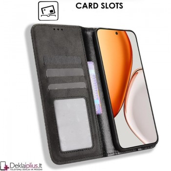 Dirbtinės odos atverčiamas dėklas su skyreliais - juodas (Huawei Honor Magic 8 Lite)